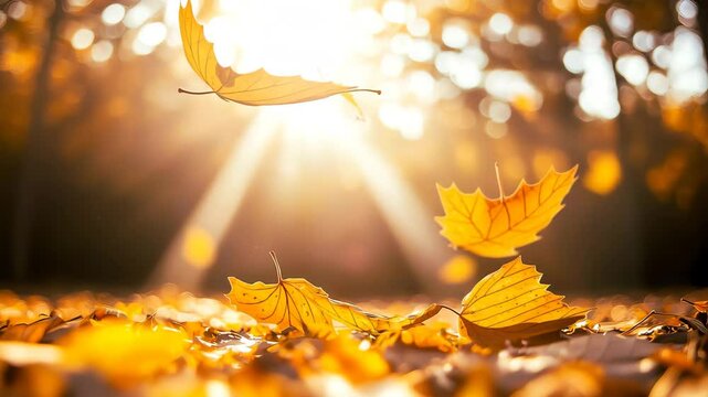 Golden autumn leaves falling gracefully in a sunlit forest, creating a serene atmosphere.
