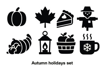 Autumn holidays silhouette icons set – filled style for seasonal celebrations and festive graphics: pumpkin, maple leaf, pie, scarecrow, lantern, apples, mug, cornucopia.