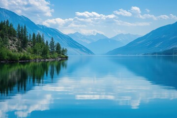 Obraz premium Tranquil lake reflections in gentle blue waters offering serene moments for peaceful landscape photography and nature-inspired design projects