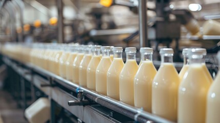 Fototapeta premium Milk bottles on a production line in a factory. Milk bottle or milk package with milk was conveyed by conveyor belt in production lines at milk factory. Industrial photography for poster. AIG51.