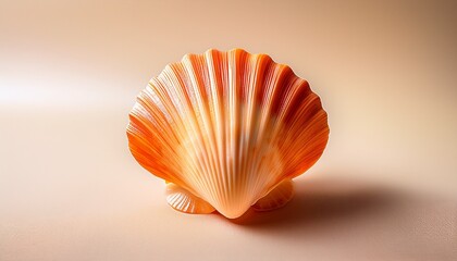 closeup bright orange seashell on light beige background beautiful natural small shell scallop pastel colored summer vertical photo ocean and sea life design organic shape and macro texture detail