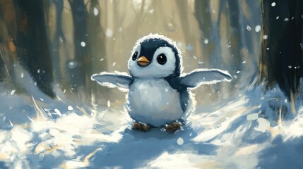 A stout and cuddly penguin waddling on snowy ground, flapping its tiny wings excitedly.