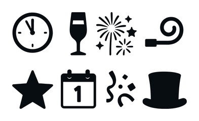 New year's eve celebration solid icons – filled style party and holiday design symbols: clock, wine glass, fireworks, party horn, star, calendar, confetti, top hat.