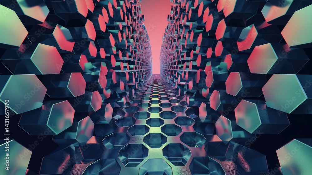 Poster geometric hexagon shapes in green and red on a dark background. 3d abstract design with depth and pe