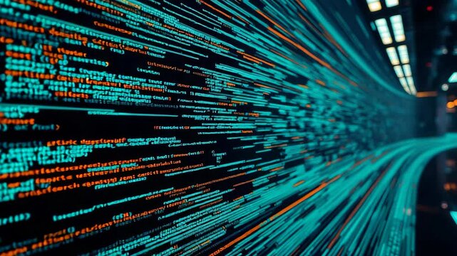 Abstract Blue And Orange Code Streaming On Dark Background