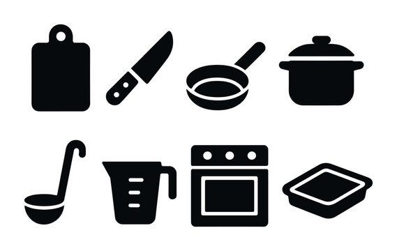 Kitchen tools solid icons set – flat cooking and culinary essentials for chefs and food enthusiasts: cutting board, knife, frying pan, pot, ladle, measuring cup, oven, baking dish.
