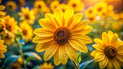 Naklejka premium Helianthus Lemon Queen Close-up: Vibrant Late Summer Garden Flowers, Tilt-Shift Photography