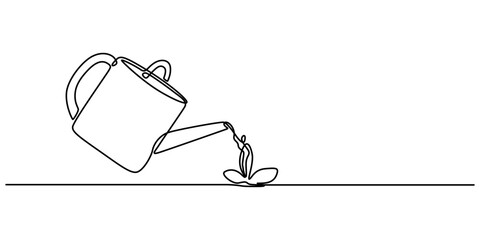 continuous line drawing watering plants, watering potted houes plant in single line draw illustration. Continuous single line sketch drawing of watering can plant tree seedling growth. nature minimal.