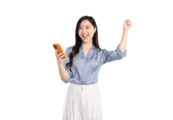 portrait of young asian businesswoman using phone on  background