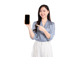 Fototapeta premium portrait of young asian businesswoman using phone on background