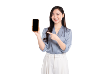 portrait of young asian businesswoman using phone on background