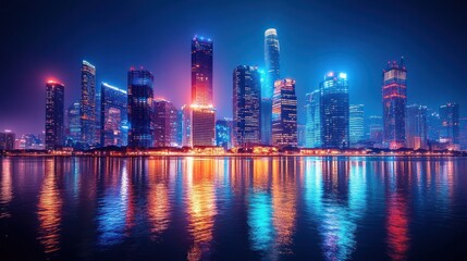 Fototapeta premium Night Cityscape Reflection: Vibrant Metropolis Illuminated