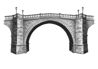 Fototapeta premium Stone Arch Bridge Illustration - A grayscale illustration of an elegant stone arch bridge, detailed with balustrades and lampposts. Perfect for travel, architecture, or historical contexts