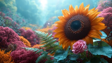 Fototapeta premium Vibrant sunflower and rose in a mystical forest setting