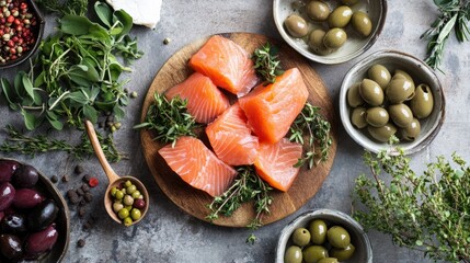 Fresh salmon fillets with herbs, olives, and spices on a rustic table.