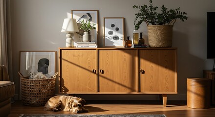 Wooden Sideboard with Dog and Decor