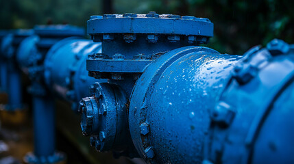 Close-up of blue water pipeline valves and fittings, symbolizing modern infrastructure, efficient water flow, and durability in industrial systems for public utility and sustainable distribution.

