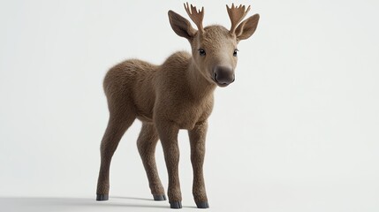 Obraz premium Cute, plump moose calf with tiny antler buds, standing awkwardly on stubby legs. High-detail fur and realistic 3D modeling are enhanced by neutral studio lighting on a white background.