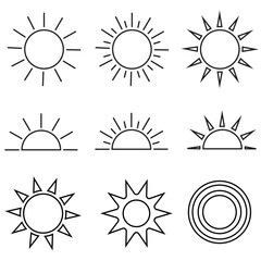 Sun icon set, sunshine, sunrise, sunset, solar energy and half and full sun, customizable stroke, vector, illustration