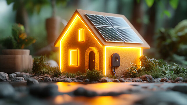 Cute 3D neon house icon with solar panels and electric plug, symbolizing renewable energy, sustainability, and modern eco-living through clean power and smart home technology in a playful style

