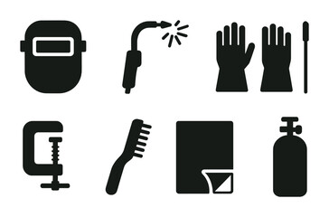 Industrial safety solid icons set – silhouette style for workplace protection and equipment: welding helmet, torch, gloves, clamp, wire brush, metal sheet, gas cylinder