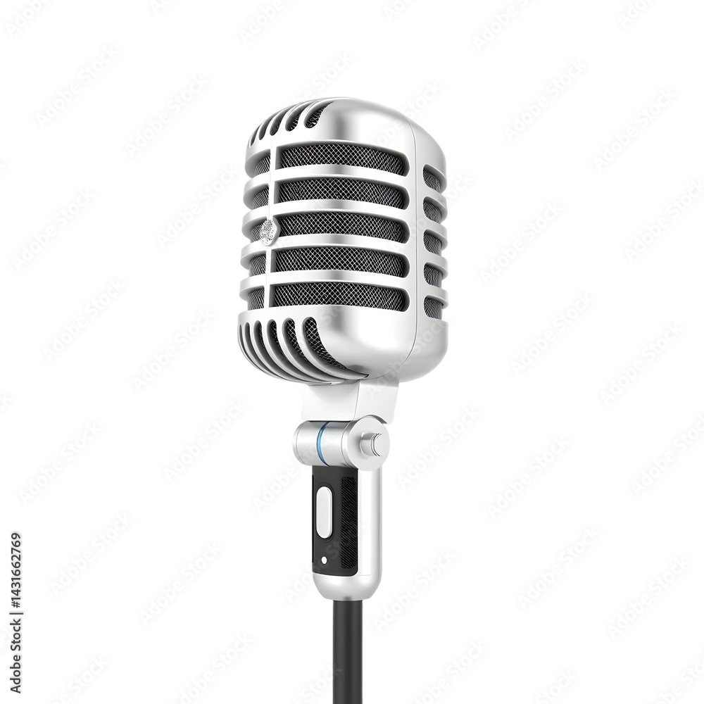 Aufkleber Vintage Microphone Rendering. Intricate Design. Classic Radio Equipment. Audio Technology. Detailed, Isolated Mic. White Background For Easy Editing. Great For audio And Podcast Projects.