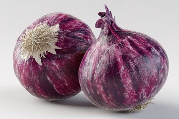 Fototapeta premium Two fresh red onions displayed on a neutral background, showcasing their vibrant color and texture