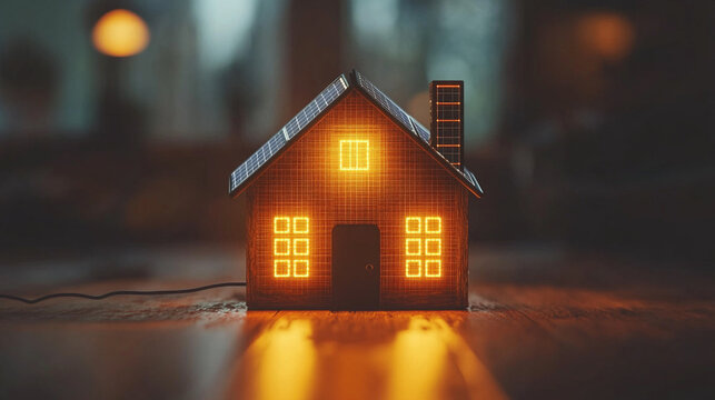 Cute 3D neon house icon with solar panels and electric plug, symbolizing renewable energy, sustainability, and modern eco-living through clean power and smart home technology in a playful style

