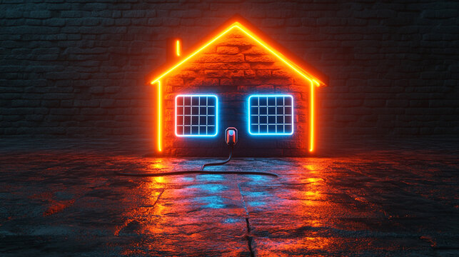 Cute 3D neon house icon with solar panels and electric plug, symbolizing renewable energy, sustainability, and modern eco-living through clean power and smart home technology in a playful style

