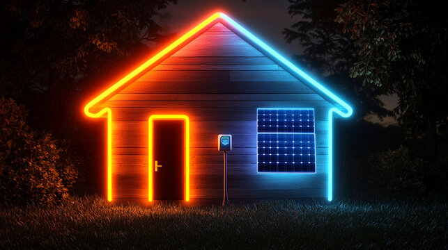 Cute 3D neon house icon with solar panels and electric plug, symbolizing renewable energy, sustainability, and modern eco-living through clean power and smart home technology in a playful style

