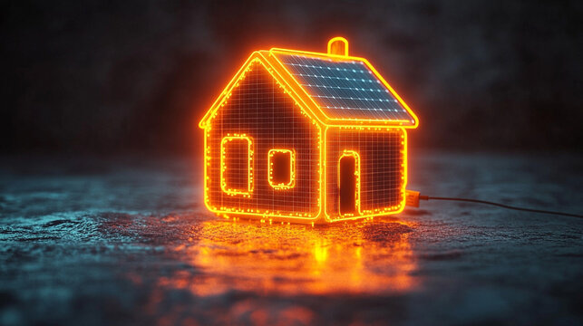 Cute 3D neon house icon with solar panels and electric plug, symbolizing renewable energy, sustainability, and modern eco-living through clean power and smart home technology in a playful style

