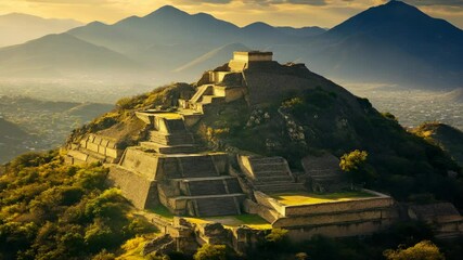 Ancient pyramidal building with steps on a grassy hillside with a backdrop of rolling mountains in a bright sunset sky