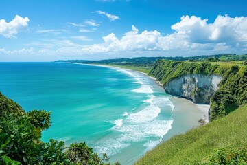 Obraz premium Scenic coastal view featuring cliffs and turquoise water near a serene beach on a sunny day