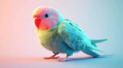 Fat parakeet perched on one leg, feathers puffed out. Realistic 3D style, soft lighting, and a pure white setting.