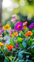 A visually striking arrangement of colorful flowers and lush green foliage highlighted by modern cinematic lighting for a captivating natural and appearance