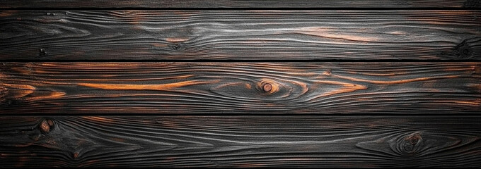 close up view of dark wooden texture featuring rich grain patterns and warm orange highlights, creating striking contrast against black background. This evokes sense of warmth and rustic charm