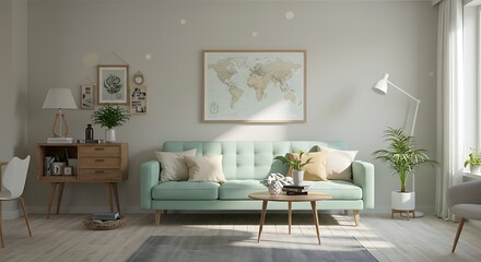 Obraz premium Living Room with Sofa, Map, and Plants
