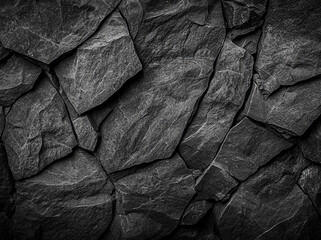 close up of textured black rock surface, showcasing natural patterns and layers of stones, creating dramatic and rugged appearance