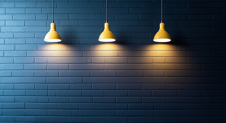 Three yellow pendant lights illuminate textured blue brick wall, creating warm and inviting atmosphere. contrast between colors enhances visual appeal