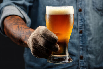 beer glass, male hand holds a glass with cold beer, foam on top of beer glass