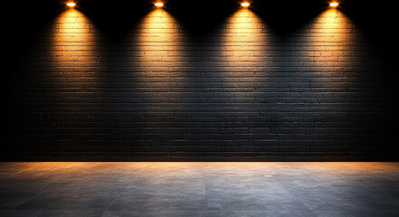 dimly lit space featuring black brick wall illuminated by three warm spotlights, creating dramatic atmosphere perfect for showcasing art or photography