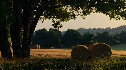Rustic hay bales nestled in a tranquil field set against a backdrop of a tree line on a picturesque farm in the countryside of Virginia  The scene is enhanced by a dramatic