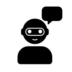 Flat Black Vector Silhouette of a Chatbot Robot with Speech Bubble | Customer Support AI Icon | Virtual Assistant Robot Design for Tech, Digital Service, and Automation Themes