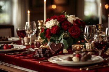 Romantic dinner setting with roses and chocolates.