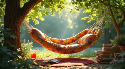 Outdoor hammock with cushions, books, and iced tea under tree, sunlight, relaxing summer reading spot
