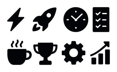 Plakat Business productivity solid icons set – filled style for efficiency, organization, and success: lightning bolt, rocket, clock, checklist, coffee cup, trophy, gear, growth chart.