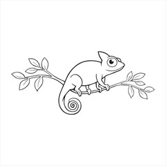 Chameleon Cartoon Illustration on Branch,Cute Chameleon Drawing for Coloring Book,Hand Drawn Chameleon Lizard Vector,Chameleon Sitting on Tree Branch Outline,Funny Chameleon Animal Line Art © MSTKHTEZA