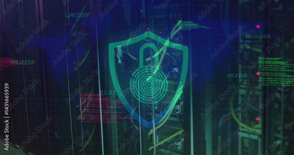 Poster numbers floating over security padlock and shield icon against close up of a computer server
