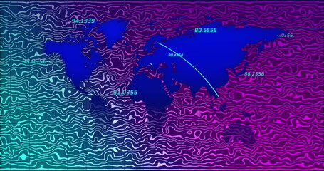 Image of numbers over world map on background with green and purple waves