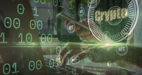 Image of crypto in circles and binary code over hands of caucasian businessman using laptop